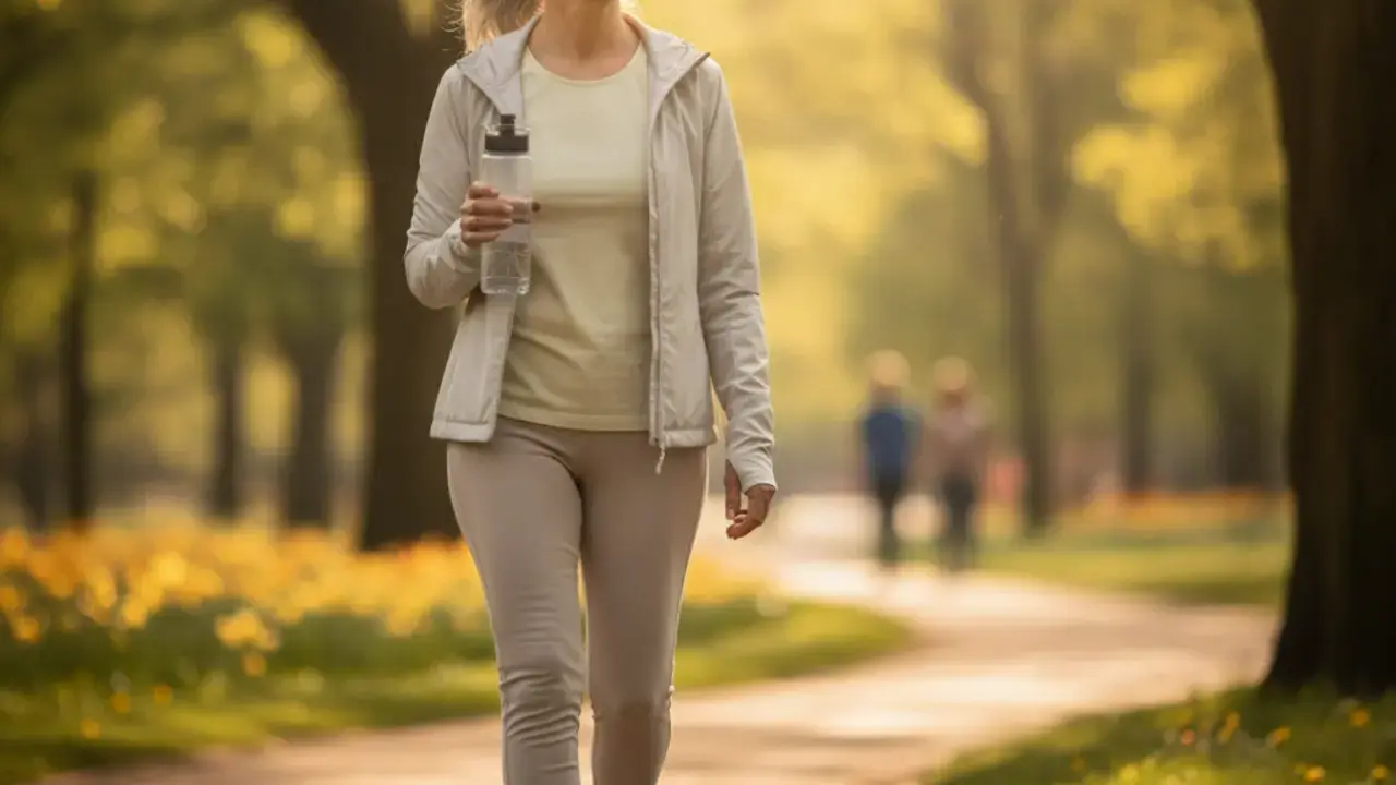 Estilo de vida saudável para mulheres após os 50, com dieta balanceada, hidratação e atividade física, auxiliando na prevenção de problemas digestivos.
