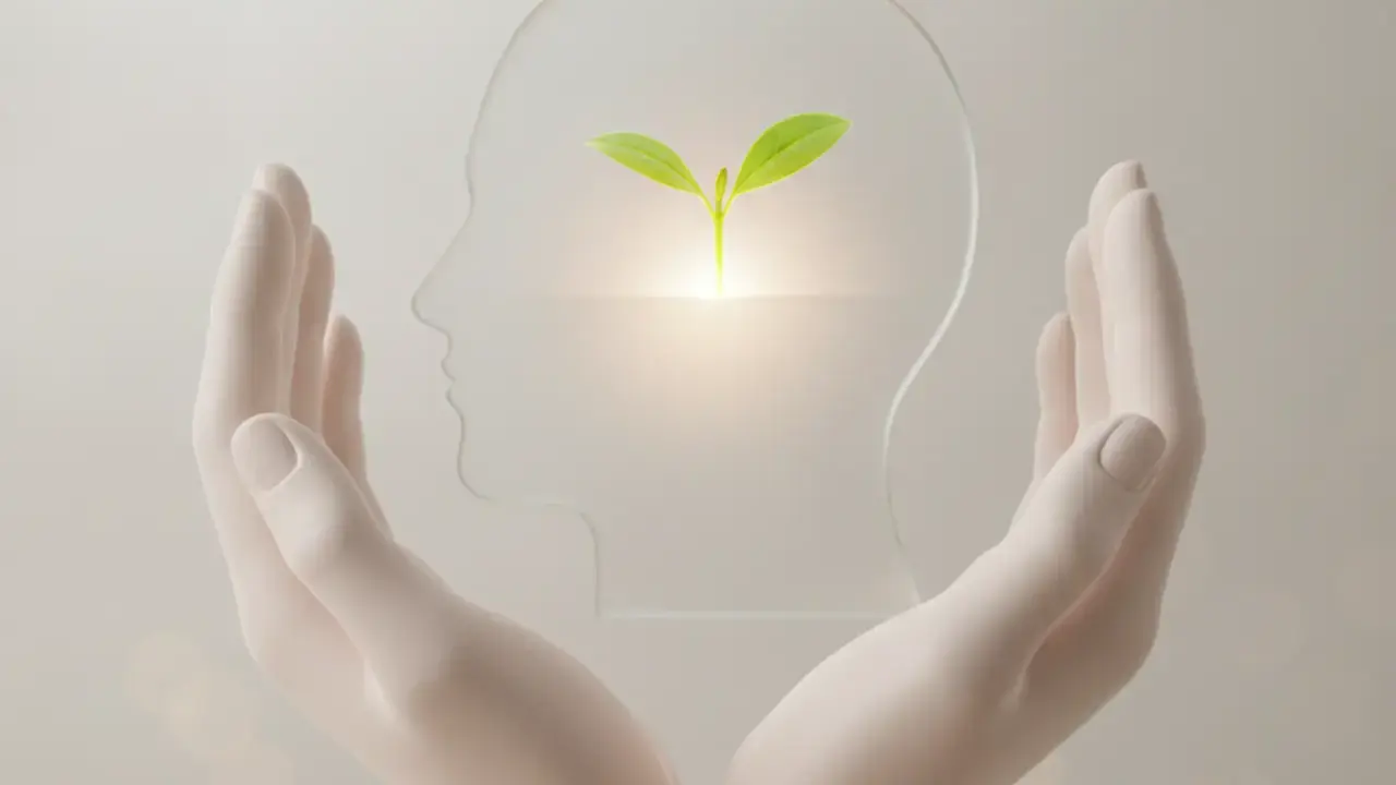 Pessoa regando uma planta em forma de cérebro, simbolizando o cuidado e o crescimento da saúde mental como estratégia de bem-estar.